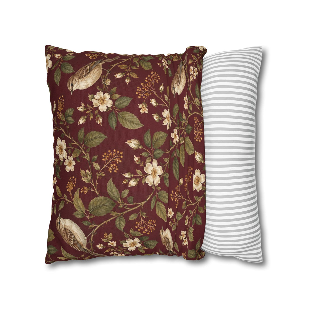 Burgundy Songbird Victorian Botanical Pillow Cover — 18 × 18 in