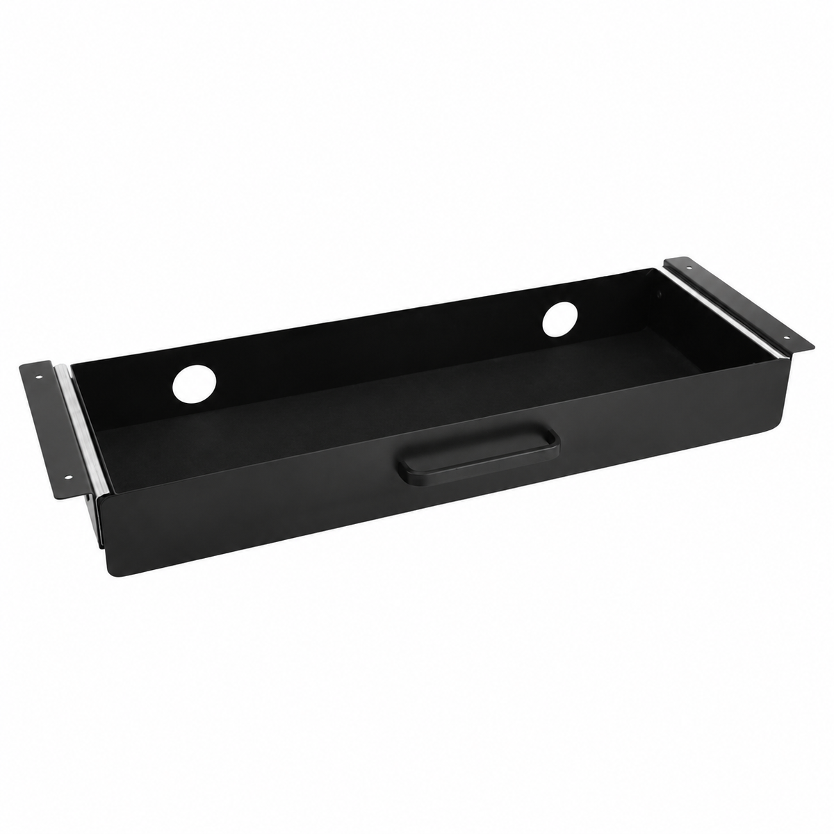 Black metal slide-out under-desk drawer with pull handle, mounting rails and two rear cable openings.