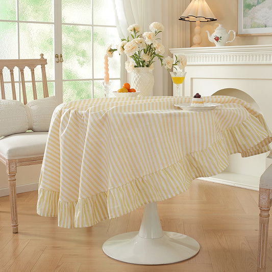 Yellow Stripe Ruffled Round Tablecloth