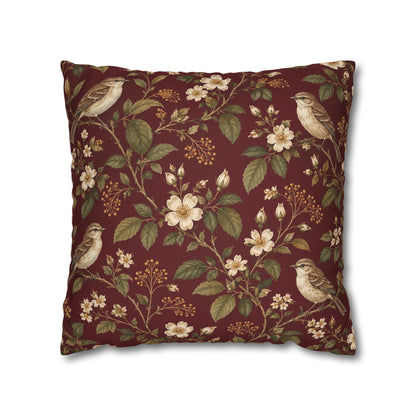 Burgundy Songbird Victorian Botanical Pillow Cover — 18 × 18 in