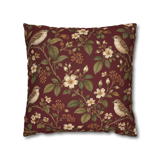 Burgundy Songbird Victorian Botanical Pillow Cover — 18 × 18 in
