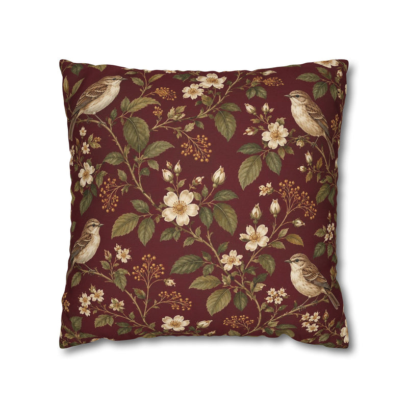 Burgundy Songbird Victorian Botanical Pillow Cover — 18 × 18 in