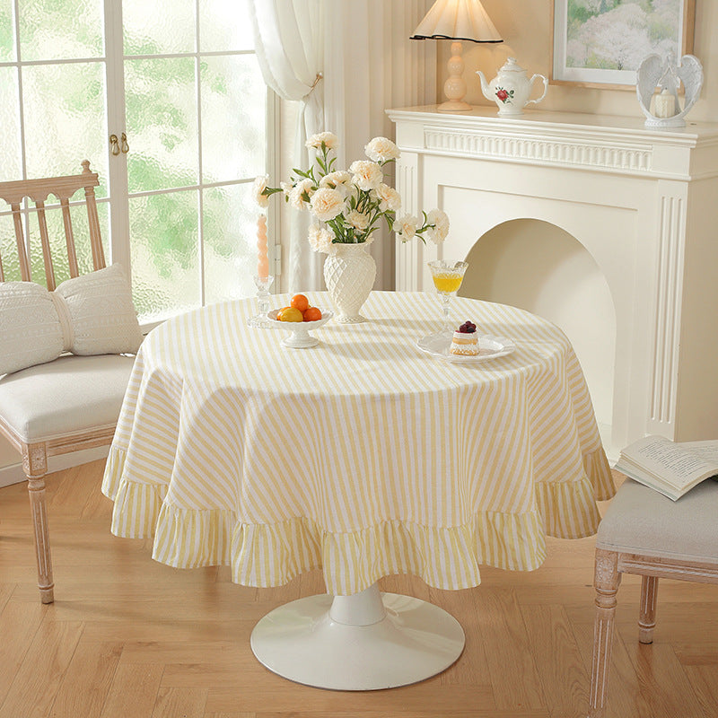 Yellow Stripe Ruffled Round Tablecloth