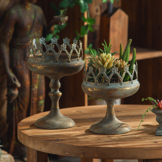 Vintage Crown Pedestal Iron Planter