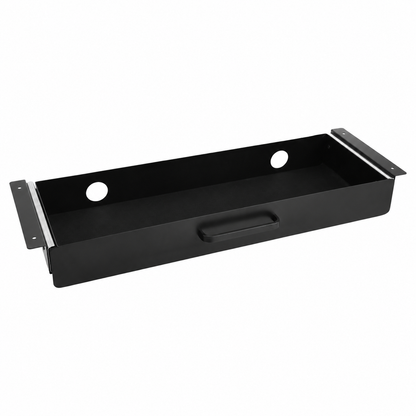 Black metal slide-out under-desk drawer with pull handle, mounting rails and two rear cable openings.