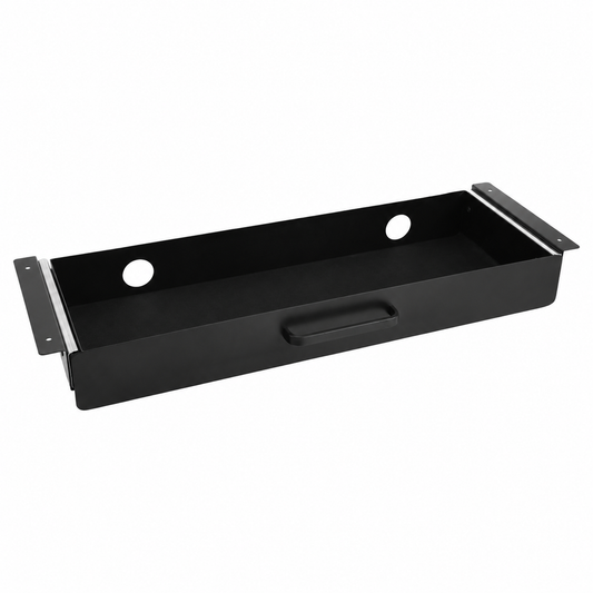 Black metal slide-out under-desk drawer with pull handle, mounting rails and two rear cable openings.
