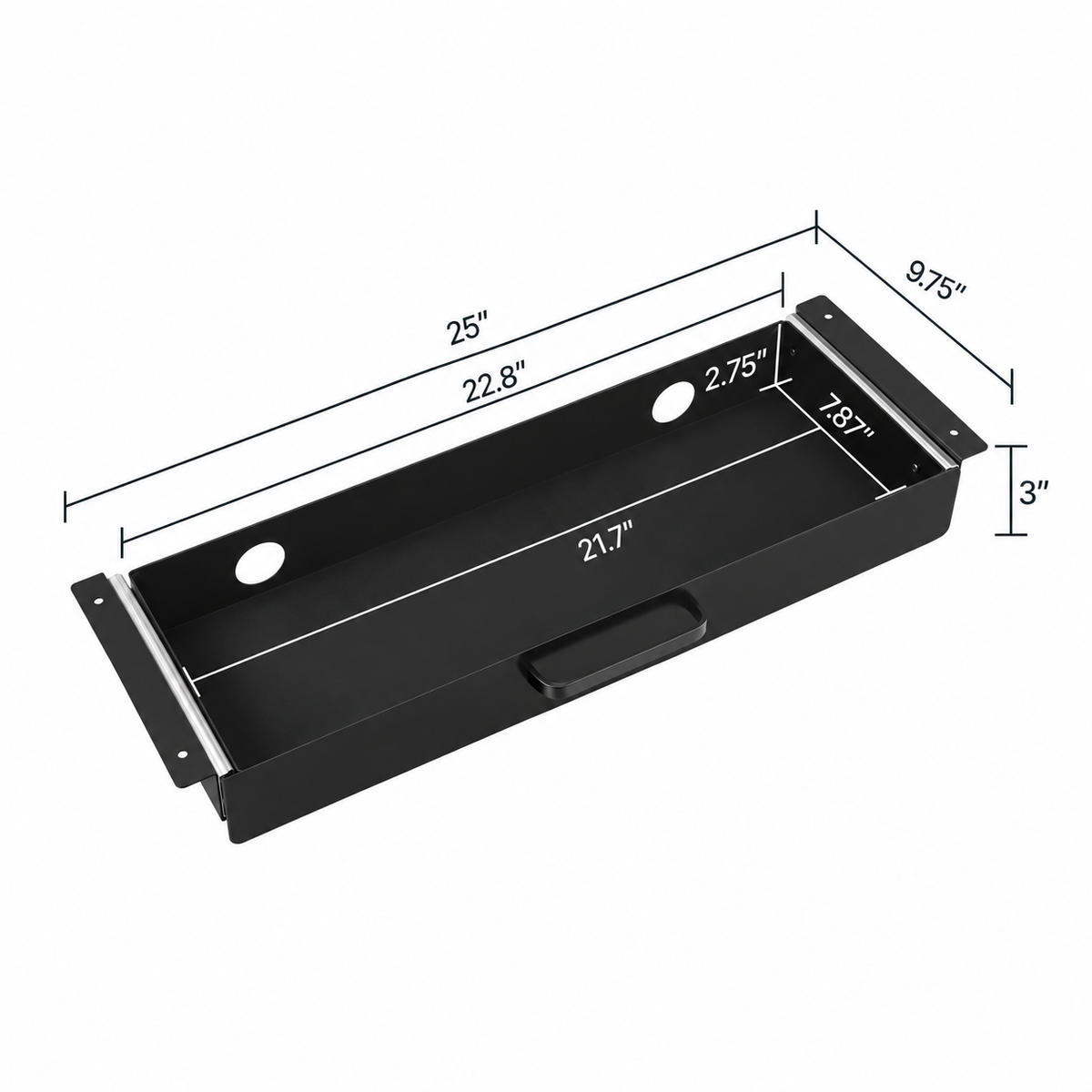 Black under-desk drawer dimensions: 25 inches wide, 9.75 inches deep and 3 inches high; interior 21.7 by 7.87 by 2.75 inches.