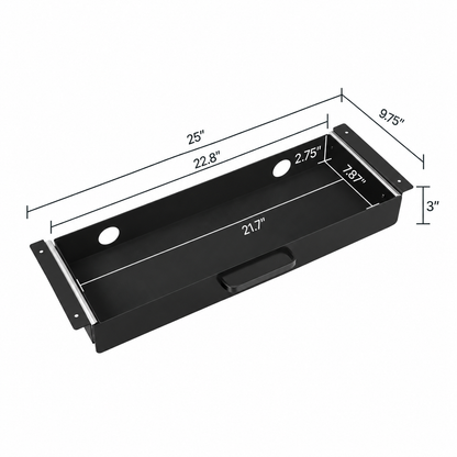 Black under-desk drawer dimensions: 25 inches wide, 9.75 inches deep and 3 inches high; interior 21.7 by 7.87 by 2.75 inches.
